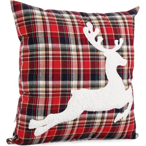 Cuscino scozzese  "Tartan" rosso in poliestere per decorazioni natalizie 45x45 -Con renna (1/2)