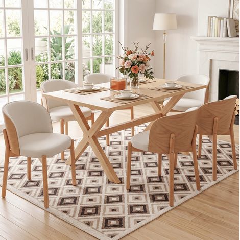 4 sillas de comedor de madera con tapizado de lino, color natural, estilo moderno (1/5)