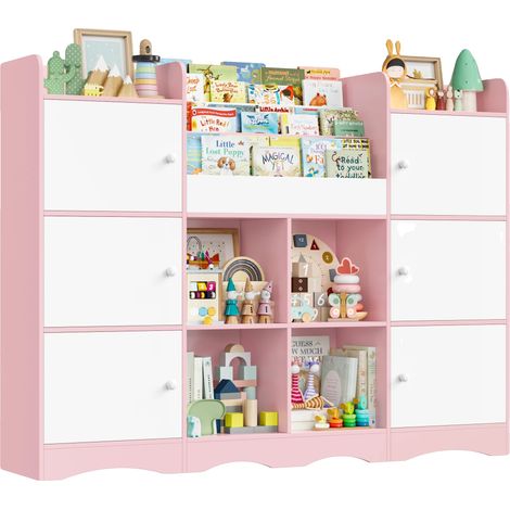 Mueble de almacenamiento de juguetes, múltiples compartimentos, diseño apto para niños, color rosa. (1/2)