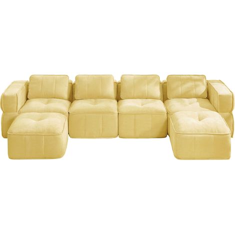 U-Form Sofa 4-Sitzer modular ohne Gestell, mit 2 Hockern, tiefer Sitzfläche, Polyester, Gelb (1/5)