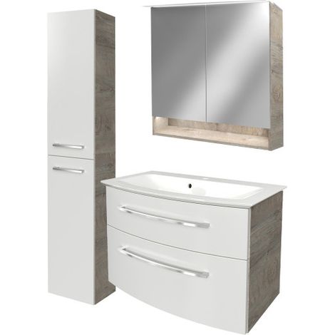 Fackelmann B.STYLE Badmöbel Set mit Waschbecken mit Unterschrank 80 cm breit – Spiegelschrank Bad mit Beleuchtung und Hochschrank in Weiß mit Holz braun – Badezimmermöbel in Eiche Natur Holzoptik"-"90 (1/5)