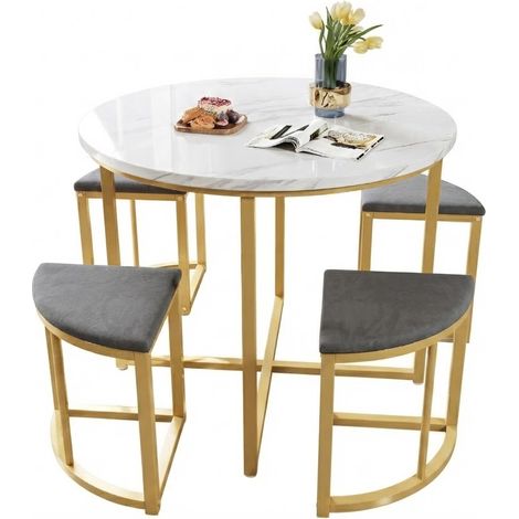 ELVMI Tisch und Stuhl Set mit 1 Rundtisch und 4 Stühlen, für 4 Personen, MDF und Metall, Weiß und Grau (1/5)