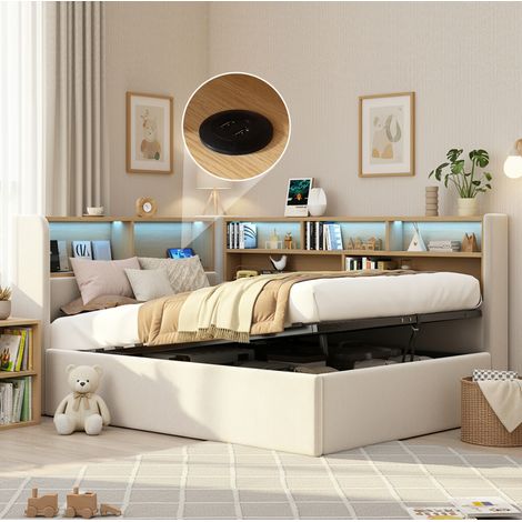 Cama de día tapizada en terciopelo beige 90x200 cm con almacenaje hidráulico, LED, USB-C y somier incluido (1/5)