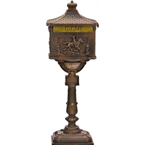 Dema – Boîte aux lettres pilier antique en aluminium moulé – Clapet doré 30x3,5cm – Dimensions 42x29x117cm – Ancrage au sol inclus