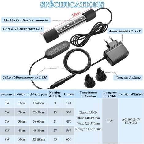 Éclairage LED pour Aquarium Étanche IP68 Lampe Submersible Spectre Complet avec Minuterie et 10 Niveaux de Luminosité Variable RGB 6 Modes pour Plantes Aquatiques et Poissons