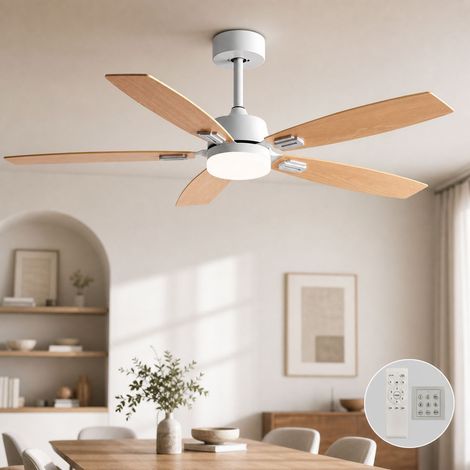 Ventilateur de plafond 42 pouces avec lumière LED, moteur silencieux, pales en bois, télécommande et interrupteur mural, design nordique (1/4)