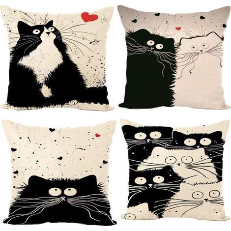 Set of 4 45 x 45 cm Cotton Linen Black and White Cat Printed Square Cushion Cover for Bed Car Home Sofa