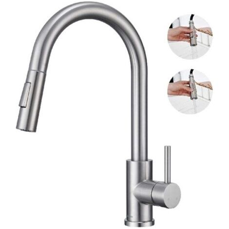 Grifo de cocina con rociador extraíble, caño giratorio, mezclador de fregadero de acero niquelado cepillado.