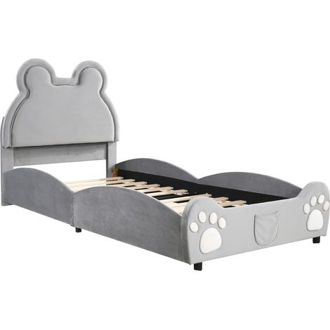 Lit enfant rembourré en forme d’ours 90 x 200 cm, velours gris (1/5)