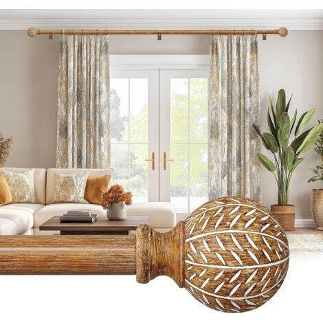 Tringle à rideaux extensible 80-148 cm, 25 mm, en métal, aspect bois, style bohème, embouts décoratifs, avec supports, charge lourde, pour fenêtre, salon et chambre à coucher
