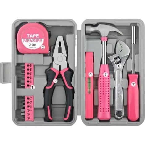 Boîte à outils multifonction 18 pièces, kit d'outils à main et quincaillerie pour bricolage, réparation, entretien et travaux domestiques, rose (1/5)