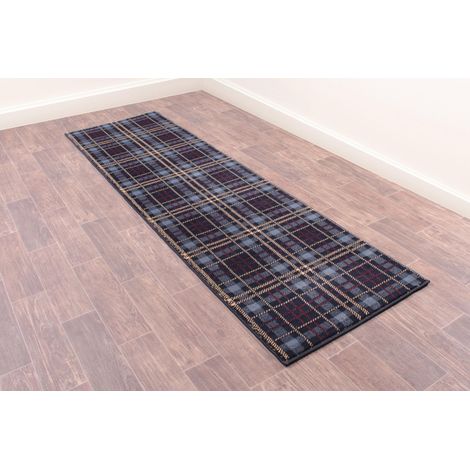 Tartan Highland Check Pattern Blue Hallway Rug 80 x 300 cm (2'6''x10') Long Runner (1/4)