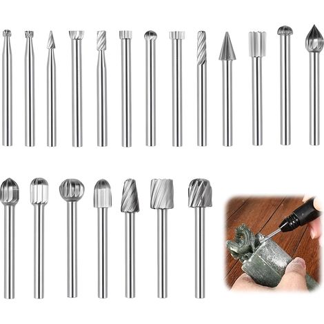 20 Pièces Fraises Rotatives HSS 3 mm Tige, Fraise Carbure Compatible avec Dremel Accessoires, Embouts Outils Rotatifs pour Sculpture Bois, Gravure, Métal, Meulage, Polissage, Perçage et Coupe - (1/5)