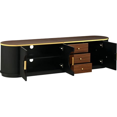 Meuble TV Moderne Luxueux,Vitre Brune, Texture Rainurée Verticale, Poignées Aluminium, Bords Arrondis, Noir (1/5)
