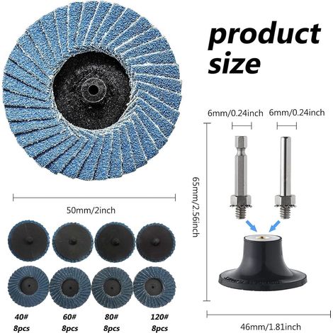 35 Stück 2 Zoll/50 mm Fächerscheibe für Winkelschleifer und Schleifscheibenhalter, Körnung 40/60/80/120, Schleifscheiben, Schleifscheiben, konische Fächerscheibe