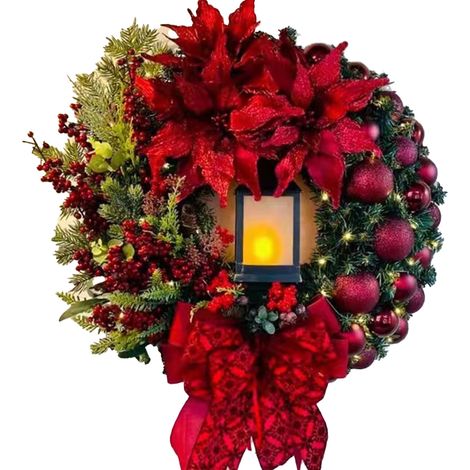 Guirlande De Noël - Avec Lampe À Bougie Éclairée - Nœud Gros Et Fleurs Rouges - Pour Porte D'Entrée Ou Intérieur - 35 Cm (1/5)