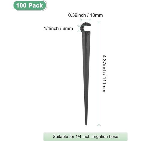 Estacas para manguera de riego por goteo，100 unidades，Soportes para tuberías de sistema de microgoteo de 4/7 mm，Plástico negro (1/4)