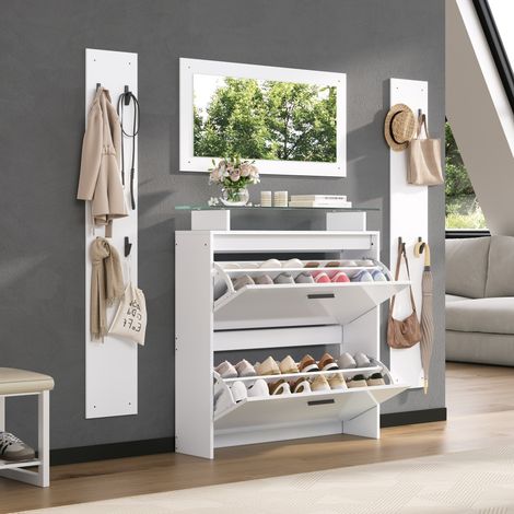 Garderobenset mit 2 Wandgarderoben, Spiegel, Schuhschrank mit 2 Klappen und 8 Haken Weiß 89.5×23×96.5 cm (1/5)