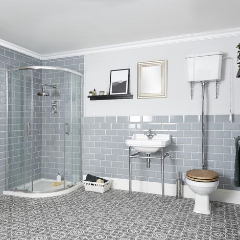 Milano Richmond White Reversible Quadrant Shower Enclosure Ceramic Toilet WC Pan with High Level Cistern and Bathroom Basin Sink with Washstand - 1 Tap Hole Basin (1/4)