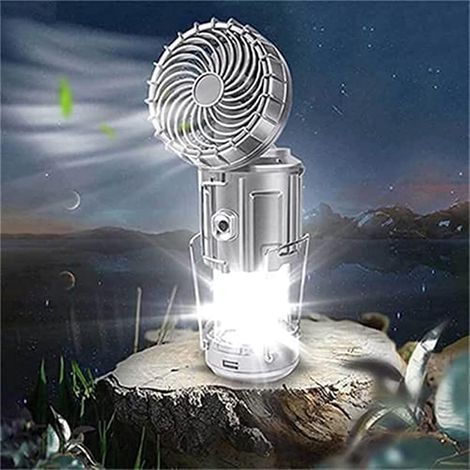 6-in-1 Tragbare LED-Campinglaterne mit Ventilator, Solarbetriebene Outdoor-Lampe mit ausziehbarem Ventilator (Silber, L) – Fei Yu (1/5)