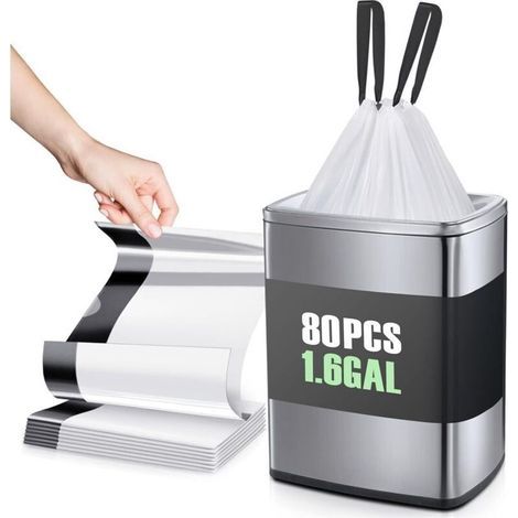 1,6 gallon 80 sacs poubelles solides avec cordon de serrage, petits sacs en plastique, doublures de poubelle pour la maison, le bureau, la cuisine, la salle de bain, la chambre à coucher, doublures bl (1/5)