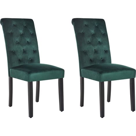 Set di 2 sedie da pranzo in velluto Gambe nere in legno di caucciù Botton Tuft Sala da pranzo Elegante Verde Velva