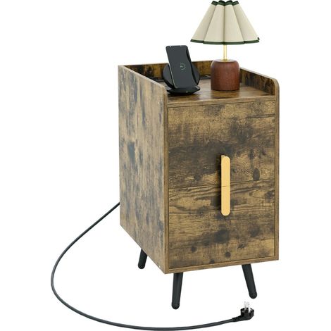 Comodino con stazione di ricarica 2 cassetti Tavolini da letto divano gambe in metallo 2 porte USB 3 prese Caffè (1/4)