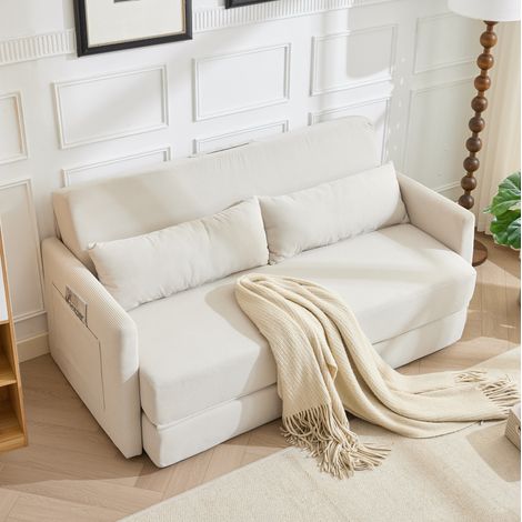 Canapé-lit 2 places 165/92/82 cm beige, convertible 2 en 1 en velours côtelé avec poches latérales et 2 coussins (1/5)