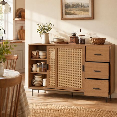 Credenza a 2 ante scorrevoli e 3 cassetti, ripiani regolabili, naturale DESVIAE (1/5)
