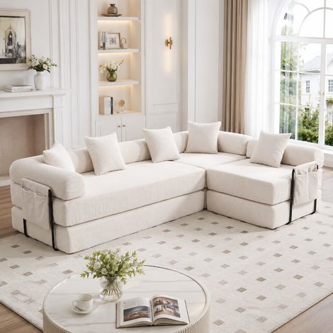 Sofá modular con cama, almacenamiento lateral y módulos independientes, beige HAVRYA (1/5)