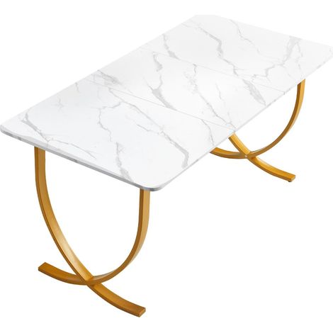 Bureau Directeur 160x80 cm Grand Bureau de Bureau, Table Informatique Moderne pour Salle de Réunion, Mobilier Professionnel Plateau Élargi pour Télétravail, Blanc et Doré (1/5)