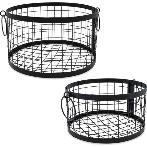 Metall Gitterkorb rund mit Griffen schwarz 2er Set - 27 / 22 cm - Regalkorb im Industrial Design in 2 verschiedenen Größen
