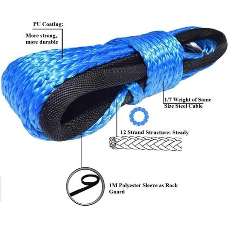 LaBlanc - Cavo per verricello sintetico con guaina, fune di traino sintetica a 12 trefoli da 7700 libbre per auto, camion, ATV, UTV, 6 mm x 15 m (1/3)