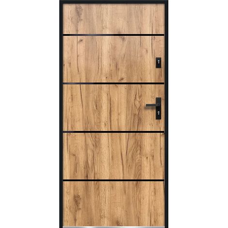 Porte d'entrée en acier pleine et inox H207 x L100 cm effet chêne - épaisseur 55 mm - poussant gauche - NAXARA