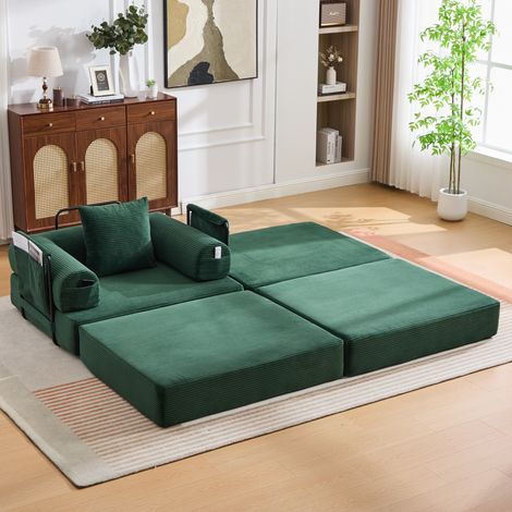 Divano modulare in velluto a coste 112x190x67 cm, senza montaggio, con tasca laterale e cuscino, verde smeraldo (1/5)