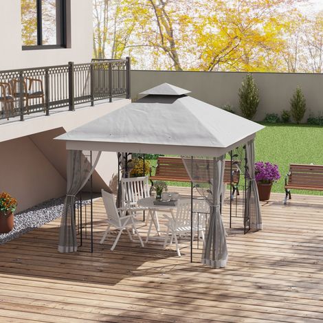 Pavillon à double toit Gazebo jardin étanche hivernale résistant à l’eau moustiquaire - Dimensions: 3x3 m - Couleur: Gris clair