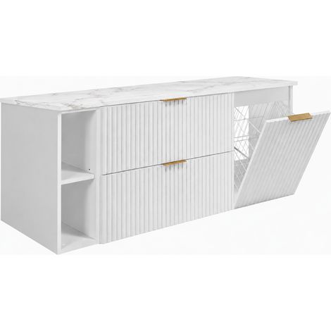 Set di mobili da bagno con cesto portabiancheria, Bianco / Piano Marmo Bianco / Maniglie Nere, 140 x 57 x 46 cm (1/5)