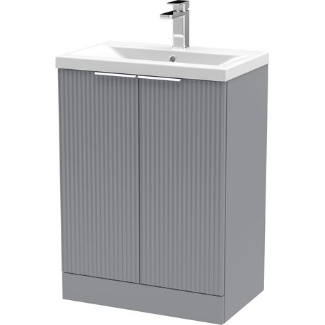 Fluted Front Floor Standing 2 Soft Close Door Bathroom Vanity Unit with 1 Tap Hole Ceramic Mid-Edge Basin, 600mm, Satin Grey