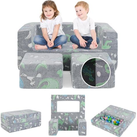 COSTWAY Divano Pieghevole 3 in 1 per Bambini Brilla al Buio, Poltrona Bambini con Rivestimento in Flanella Rimovibile e Lavabile, Pouf per Cameretta (Dinosauro Grigio)