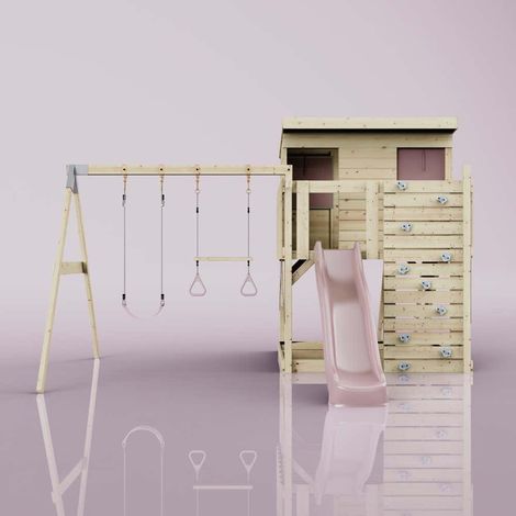 OutdoorToys Spielturm Nils aus Holz in Rosa mit Trapezstange