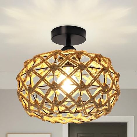 Interior LED Ceiling Light, Hand-Woven Rattan Lampshade, Modern Bohemian Design, Pendant Light for Bedroom, Living Room, Hallway, 30 cm Diameter, Vintage (1/4)
