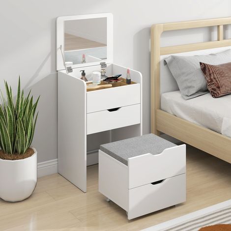 Station de Maquillage 3 en 1 avec Miroir Pliable, Tabouret Rétractable, Coiffeuse avec Tabouret Rembourré à Roulettes, 3 Tiroirs, Plateau en Verre Transparent, Espace de Rangement, Gain de Place, Blan (1/5)