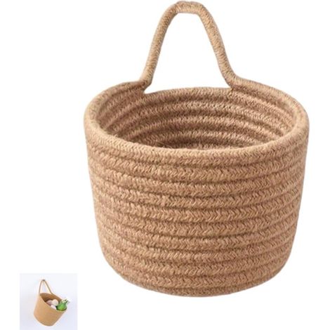 Brauner, kompakter, runder Wandaufbewahrungskorb aus gewebtem Stoff, 16,26 x 12,45 cm. (1/5)