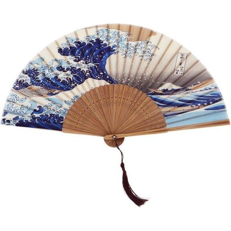 Éventail pliable - Fait main - Bambou et soie - Style vintage - Dimensions 35x21 cm - Couleur bleu (1/5)