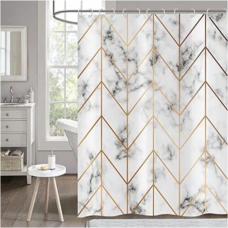 Rideau de Douche 180x180 cm Imperméable en Polyester – Motif Marbre Gris et Blanc avec Lignes Géométriques Dorées Abstraites, Style Moderne Luxueux et Artistique, Lavable en Machine avec Crochets Incl (1/3)