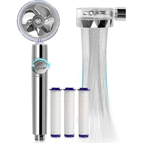 Douche à économie d'eau haute pression, pommeau de douche à main à hélice rotative à 360 degrés avec filtre, pommeau de douche Turbo Spa avec ventilateur et interrupteur (argent)