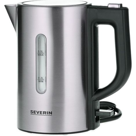 bouilloire de voyage sans BPA 1 100 W, Petite bouilloire d’une capacité de 0,5 L, Bouilloire électrique livrée avec 2 tasses et 2 cuillères, inox/noir, WK 3647 (1/5)
