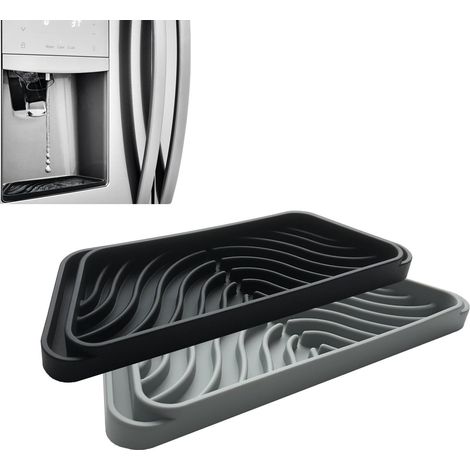 Due set di vaschette raccogligocce in silicone per frigorifero, per proteggere i distributori di acqua ghiacciata dalle fuoriuscite, ad asciugatura rapida (nero + grigio) (1/5)