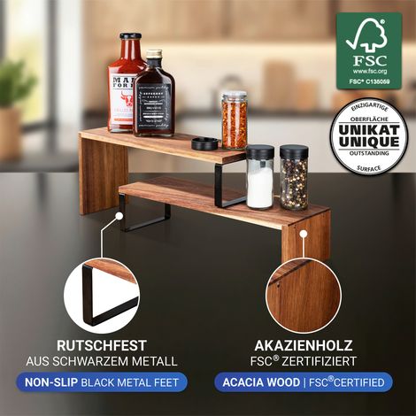 WENKO Mensola da cucina Vali Acacia, 2 ripiani flessibili combinabili, in legno di acacia certificato FSC®, piedini in metallo, dimensioni: 36 x 8 x 12 cm e 36 x 16 x 12 cm, colore: naturale/nero (1/5)