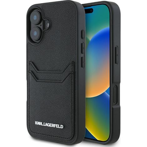 Funda Karl Lagerfeld HC de PU granulado con ranura para tarjetas y metal, alargada para iPhone 16, color negro. (1/5)